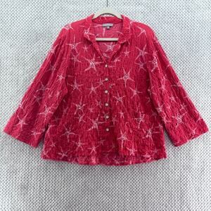 Habitat Top Womens L Orange White Stars Textured Button Front 3/4 Sleeves Boho